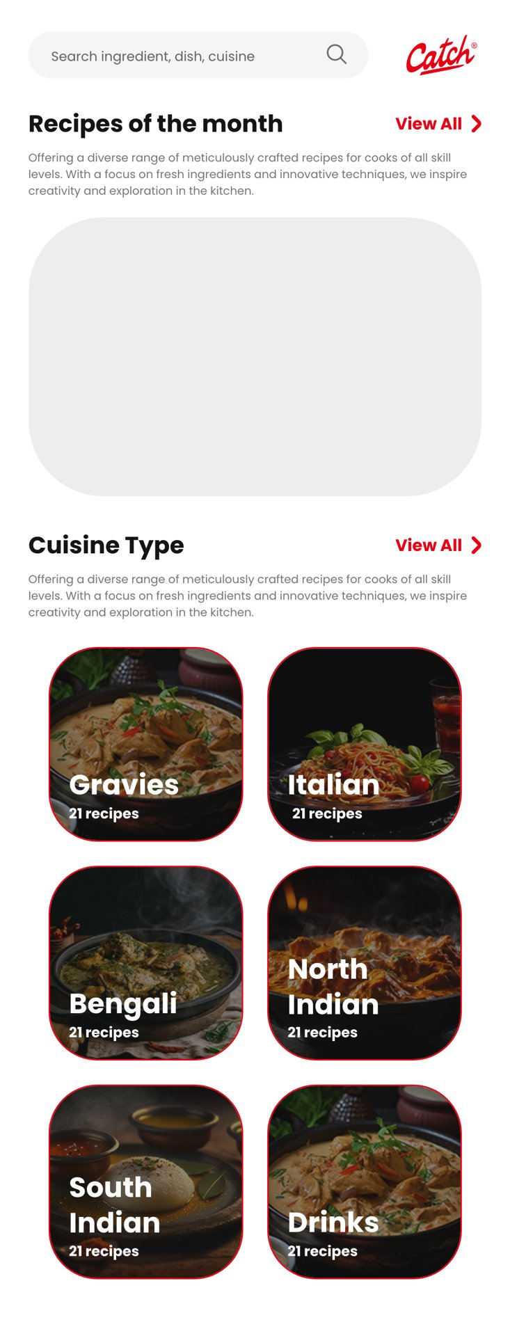 Recipes of the month and cuisine type screen