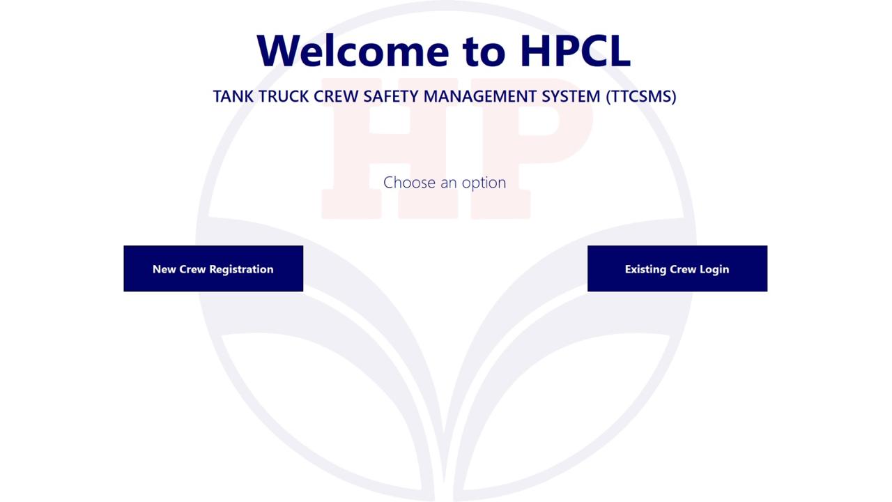 HPCL tank truck crew safety management welcome screen