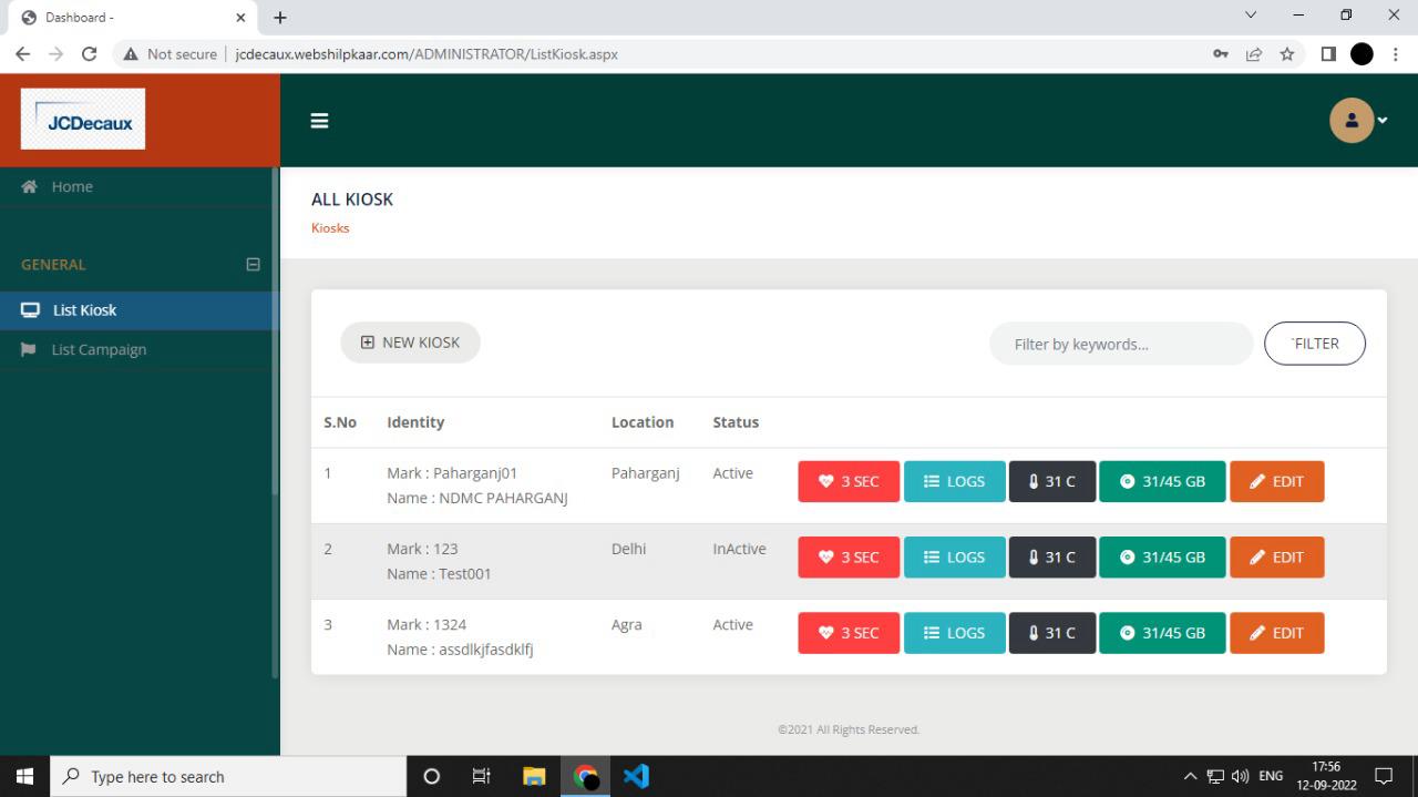 JCDecaux kiosk admin panel