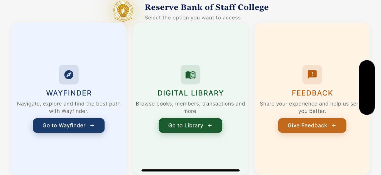 RBI Staff College kiosk home screen with wayfinder, library and feedback