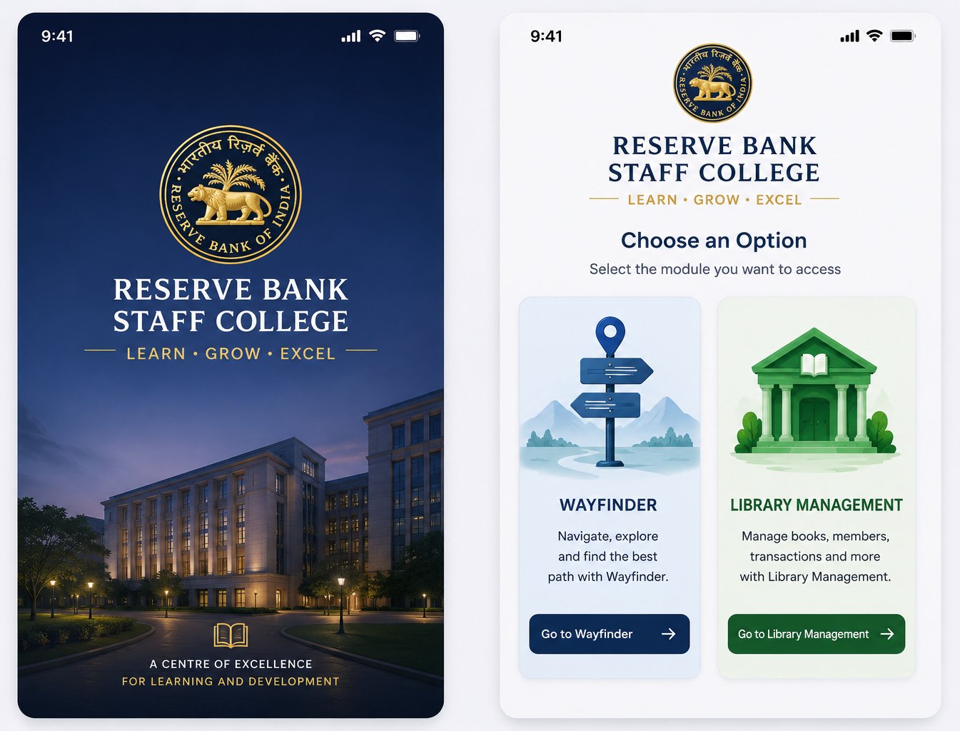 Reserve Bank Staff College kiosk application screens